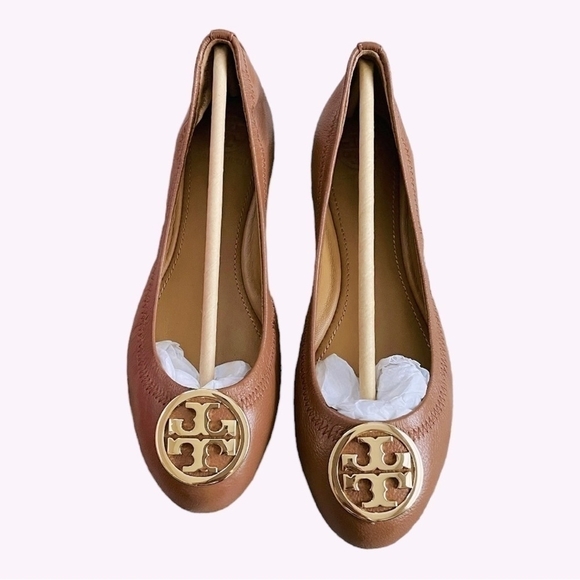TORY BURCH Benton 2 Travel Leather Ballet Flats Royal Tan Gold Size 5.5 - Picture 5 of 8